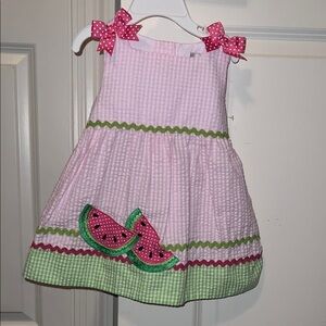Rare Editions Pink Gingham Seersucker Dress w/ Watermelons & Polka Dot Bows 12M